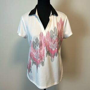 IZOD White Pink Black Silver Shirt Sleeve Golf Shirt Sz M